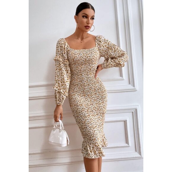 Women's Floral Midi Dress Polyester Long Puff Sleeve Square Neck Ruffle - Picture 4 of 5